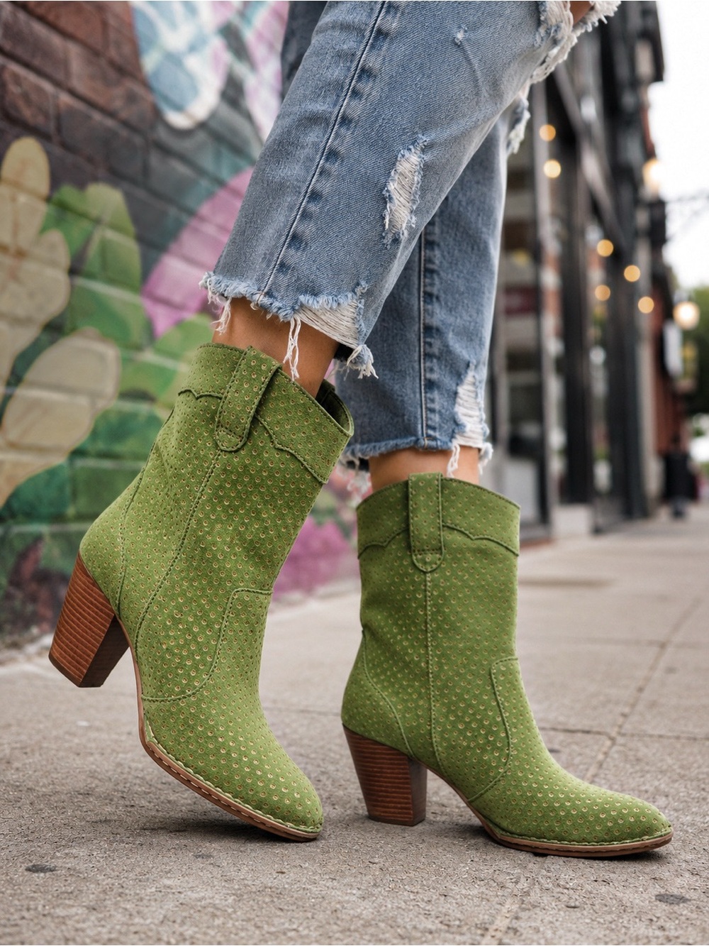 Born Genevieve Suede Leather Heeled Western Boots Green Polka Dot US 6.5 / EU 37